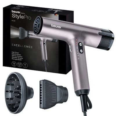 Beurer HC 100 Excellence Secador de pelo, secador con motor digital, extremadamente potente y ultraligero, 4 niveles de temperatura y ventilación para un secado rápido y suave, boquilla y difusor