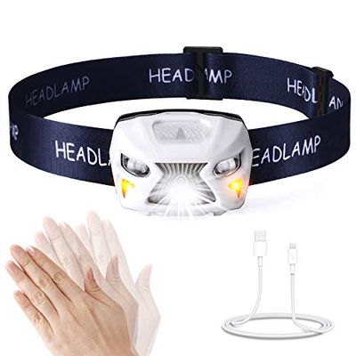 Headlamp - Rechargeable USB Headlight - Head Torch with One Bright White and Two Red Lights - Led Head Lantern for Dog Walking, Running and Camping