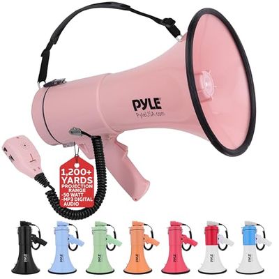 Pyle PMPRA514PK Lightweight and Portable Bullhorn Megaphone, Aux (3.5mm) Input for MP3/Music, Automatic Siren, 50-Watt, MIC/Talk (Pink) Unisex-Adult, Rose, Taille Unique