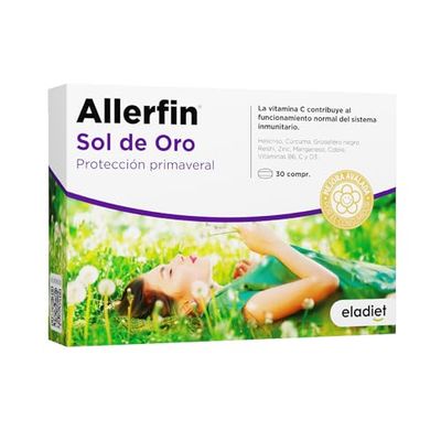 ALLERFIN Sol de ouro forte para sintomas primavera - ajuda contra o pólen, pó e ácaros, multivitamínico - vitaminas C, D3, B6, zinco, magnésio, cobre, açafrão, hélicroso, Reishi | ELADIET