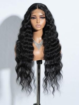 Joedir Parrucche anteriori in pizzo 76CM parrucca sintetica ondulata lunga parte profonda HD pizzo trasparente con capelli del bambino per le donne parrucche 130% densità (nero)
