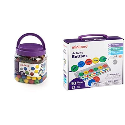 Miniland Educational 154214 - Bote con Bolas ensartables 20 mm, 100 Piezas & Activity Button-Botones para Coser, Multicolor (31791)