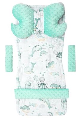 Medi Partners Coussin universel pour le siège et la poussette 5 pièces insert de poussette superposition pour ceintures + pour le serre-tête Minky Coton (Océan à la Menthe Minky)