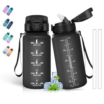 Vattenflaska, 500 ml, vattenflaska med sugrör, läckagefri, motiverande vattenflaska med tidsskala, lätt att rengöra, vattenflaska med drickstid, för skolan, camping, svart