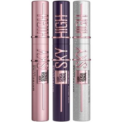Maybelline New York Lash Sensational Sky High Mascara, Volumising & Lengthening, Washable Flake-Free Formula: Black + Plum Twilight + Space Diamond (Trio Bundle)