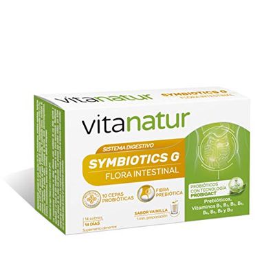 Vitanatur - Symbiotics G (1), complemento alimentar com 10 cepas probióticas, prebióticos e vitamina B, ingredientes que ajudam no equilíbrio da microbiota intestinal (1) - 14 envelopes x 2,5 g