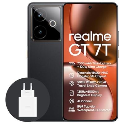 realme GT 7T 5G Smartphone,12+512GB,Batteria 7000mAh,120W charge,Processore Dimensity 8400-MAX, Fotocamera IMX896 50MP, AI Planner, Display Pro-Esports da 6000 nit 120Hz,IP69,nero, esclusiva Amazon