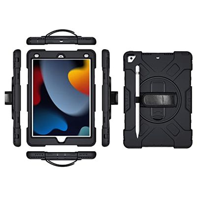 iPad 9.7 2017 2018/Pro9.7/Air2 Generation Case with Screen Protector Pencil Holder Kickstand 360 Rotating Hand Strap Hand Strap Kickstand Robust Protective Case (Black)