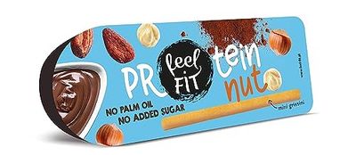 Feel FIT Protein nut avec mini gressins, Pâte à tartiner protéinée ac aux Noisettes et au Cacao et Bâtonnets Céréaliers, snack protéiné sans sucre ajouté et sans huile de palme 25g