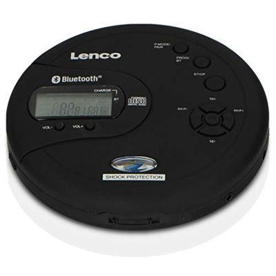 Lenco CD-300, reproductor de CD portátil Walkman, Bluetooth Diskman, CD Walkman, función MP3, antichoque, batería de 2 x 2000 mAh, auriculares, cable de carga micro USB, negro