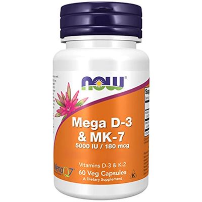 Now Foods, Mega D-3 & MK-7, Vitamin D3 and K2, Depot, Every 5 Days 1 Capsule, High Dose, 60 Capsules, Gluten Free, Non GMO