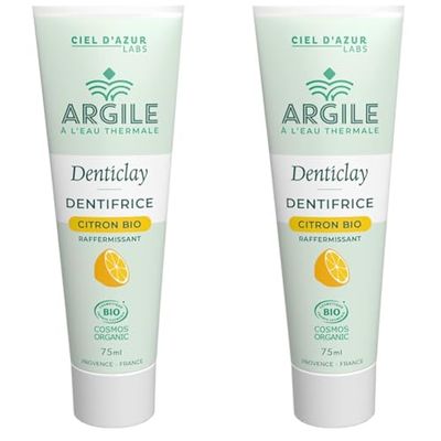 CIEL D'AZUR LABS - Denticlay Argile - Dentifrice Bio à l'Argile Blanche et à l'Eau Thermale de Digne les Bains - Certifié Bio Cosmos Organic - Tube 75ml - Citron (Lot de 2)