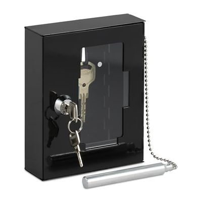 Relaxdays Boîte à clés d'urgence, avec vitre de Verre, Marteau Brise-Glace et 2 clés, verrouillable, métal, Noire, Noir