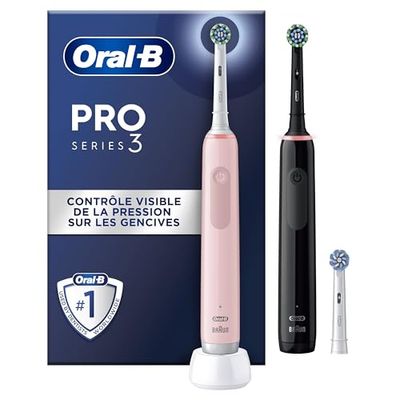 Lot de 2 Oral-B Pro 3 3900N, Noir et rose Brosses À Dents Électriques, 3 Brossettes, conçu par Braun, Ensemble de 4 pièces