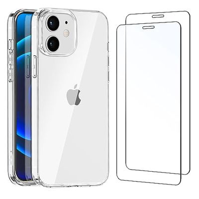 NEW'C Hoesje voor iPhone 12 en iPhone 12 Pro - Ultra Transparante Siliconen Soft TPU Gel en 2× Screen Protector voor iPhone 12 e iPhone 12 Pro Gehard Glass Schermbeschermer