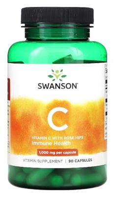 Swanson - VITAMIN C WITH ROSE HIPS 1000 MG | Vitamina C con Rosa Mosqueta | Apoyo al Sistema Inmunológico y Antioxidación - 90 Cápsulas