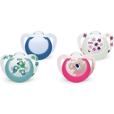 NUK Star Baby Dummy | 18-36 meses | Chupetes de silicona sin BPA | Pájaros azules | 2 unidades & Star Baby Dummy | 18-36 meses | Chupetes de día y noche | Silicona sin BPA | Koala rosa | 2 unidades