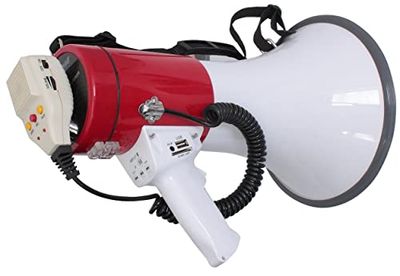 MEGA50USB - LTC - Megafono ricaricabile da 50W con microfono rimovibile, sirena, USB, SD, AUX, controlli MP3, maniglia, tracolla e registrazione dei messaggi - Bianco e rosso