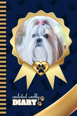 Undated Weekly Diary: Hardcover / 6x9 Personal Organizer / Scheduler With Checklist - To Do List - Note Section - Habit - Water Tracker / Organizing ... Tzu Dog - Gold Navy Blue Paw Bone Art Print