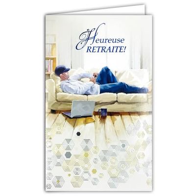 15-6507 Happy Retirement Card with Envelope for Men Active Connected to Screens Smartphone Laptop Earphone Nap Rest Relax Sofa Living Room Cup Tea Coffee – Made in Europe