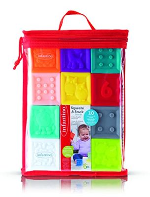 Infantino Juego de Bloques para apretar y Colocar - 10 Bloques Blandos de Colores con números, Animales y Formas para la exploración sensorial y Las primeras Habilidades de amontonamiento