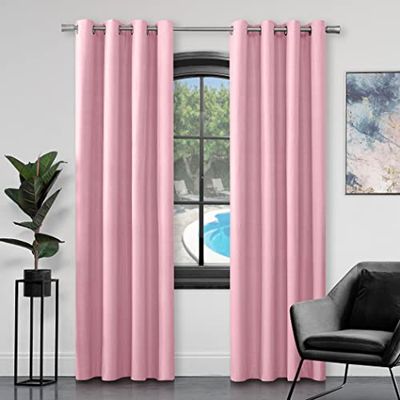 GC GAVENO CAVAILIA Luxury Faux Silk Curtains Eyelet Top Fully Lined Ring Top Curtain Pairs With Two Tie Backs, Blush Pink, 66X72 Inch