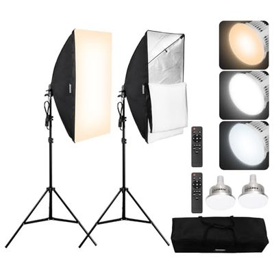 VEVOR Kit di Illuminazione Softbox, Softbox Professionale con Lampadine LED 45 W 3000-6500 K, Luce Naturale, Treppiede Regolabile, Luci per Fotografia, Registrazione Video, Streaming Live 500 x 700 mm