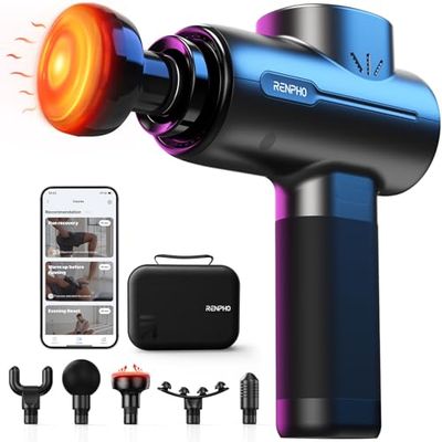Massagepistool met warmtefunctie en Bluetooth, RENPHO Massage Gun massagepistool APP compatibel, spiermassagepistool stimulator met Type-C opladen, LED-display, voor herstel van spierontspanning