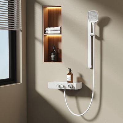 EMKE Colonna Doccia Termostatica –Bianco Opaco, Flusso dell'Acqua Regolabile, Design Minimalista Separato, Doccia a Mano 3 Funzioni, Kit Doccia per Piccoli Bagni