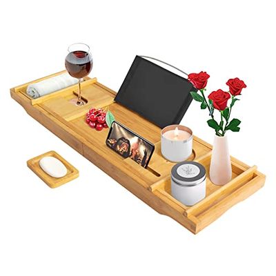 Todeco - Vassoio Vasca da Bagno, Ripiano in Vasca da Bagno in Legno - Materiale: bambù - Dimensione: 109 x 23 x 3,8 cm - Dotato di 2 Supporti Rimovibili e 1 Porta-Sapone, Panno Nero