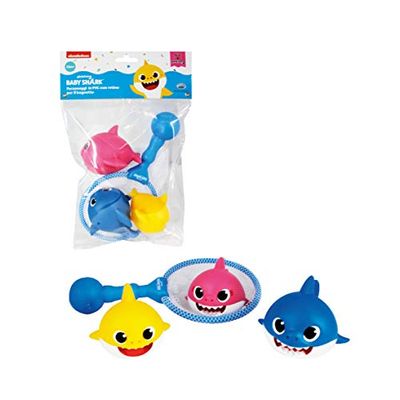 ODS 48822 Baby Shark Juego de 3 Tiburones con Red para bañarse, Azul, Rosa, Amarillo, Blanco