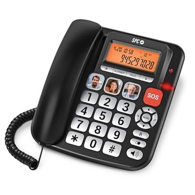 SPC Comfort Volume Pro – Téléphone Fixe Senior avec Grandes Touches, Sonnerie très élevée et écran éclairé | Amplificateur d’Appel +20dB | Contacts directs, SOS et Compatible Aides auditives – Noir