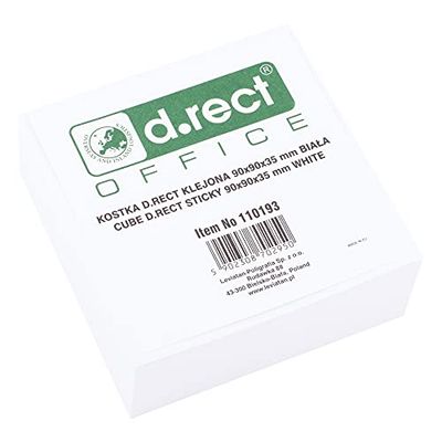 D.RECT Blok Karteczek Kwadratowych Klejonych 90x90x35mm - Karteczki Samoprzylepne w Bloczku ok. 300 sztuk, Kolor Biały
