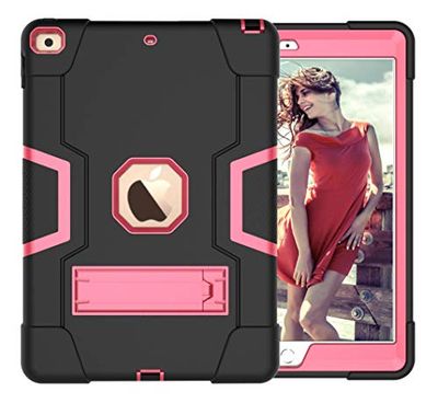 iPad 12.9 (2018/2020/2021) Generation Case with Kickstand, Durable Heavy Shock Back Hybrid Hard Hybrid Three Layer Protective Cover iPad Tablet Silicone Case (Black + Rosened)
