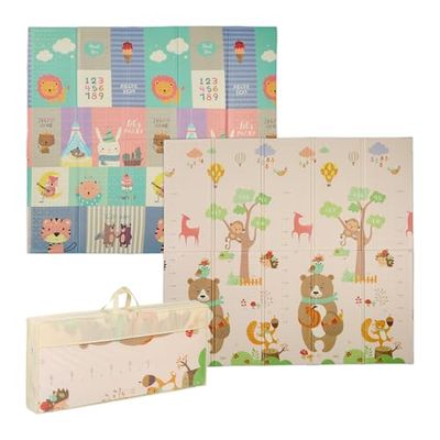 Relaxdays Foldable Play Mat, Two-Sided Animal Motif for Children, Non-Toxic, Washable, 200 x 180 cm, XPE Foam, Colourful