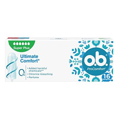 Tampões OB ProComfort Ultimate Comfort (1 x 16), tampões de absorção super plus sem produtos químicos nocivos ou fragrância, tampões sem aplicador não branqueados com cloro