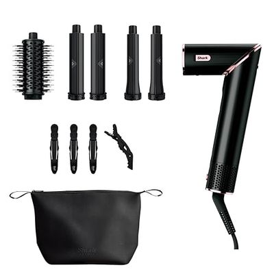 Shark FlexStyle 3-in-1 Air Styler & Hair Dryer with 32mm & 24mm Auto-Wrap Curlers, Round Brush, Storage Case and Alligator Clips, No Heat Damage, Black/Rose Gold HD421UK