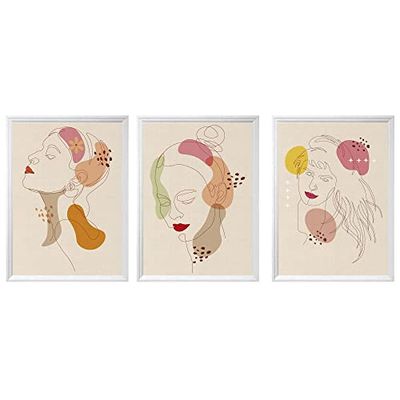 Arterby's® - Set 3 pezzi - Poster Quadro Cornice Tela Canvas Dipinto - Illustrazione Viso Donna Linea Astratta Ritratto - Made in Italy - HD Tela con Cornice Decorativa Bianca 30x40 cm S3A001 D001