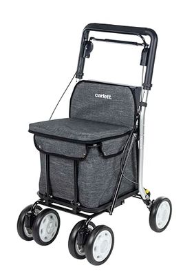 Carlett - Boodschappentrolley-rollator met zitje, plooibare supermarkttrolley met 4 wielen met afneembare tas 29 l/15 kg en lade voor persoonlijke spullen, Lett800 Senior Comfort, grijs