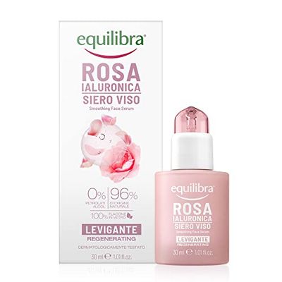 equilibra Viso, Rosa Ialuronica Siero Viso Levigante e Vellutante, a Base di Estratto di Rosa Damascena, Acido Ialuronico, Vitamina C e Ceramidi Vegetali, 30 ml