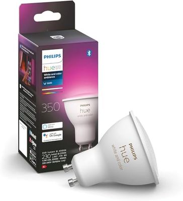 Philips Hue White and Color Ambiance, Faretto LED Smart GU10, Luce Bianca e Colorata, 350lm, Compatibile con Bluetooth, controllo vocale con Alexa, Apple Home e Google Assistant