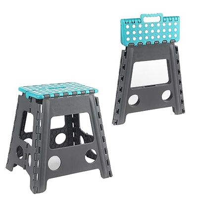 Beldray LA032487FEU6 Large Folding Stool-Lightweight Plastic Step-Up Footstool, Seat for Adults & Kids, Foldable Design, Compact Storage, Carry Handle DIY Accessory, Max. Weight 150 KG, Grey/Blue