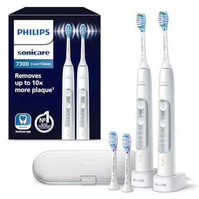 Philips Sonicare ExpertClean 7500 spazzolino elettrico, spazzolino sonico con app, sensore di pressione, custodia da viaggio, bianco-argento, confezione doppia, modello HX9611/19