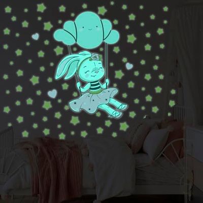 Ambiance - Adhesivo decorativo para pared (105 x 70 cm), diseño de conejo fluorescente en la nube