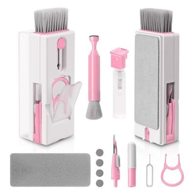 Alyvisun 11 en 1 Kit Limpieza PC Multifuncional, Cepillo de Limpiador Teclado con Extractor de Teclas, para Laptop, Teléfonos, Auriculares, Rosa
