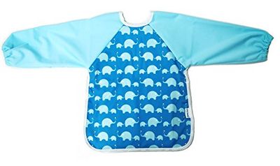 AnaBaby Premium Soft Long Sleeve Water Resistant Washable Baby Toddler Bib with Reversible Pocket, Perfect for Feeding and Messy Play (Blue Elephant)