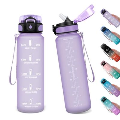 Cantimplora Fitness 1L, Botella de Agua con Pajita, Botella Agua con Marca de Tiempo, Botella Reutilizable, Antiderrame Botella de Agua Deportiva, Cantimplora para Adulto, Gimnasio, Cámping, Yoga