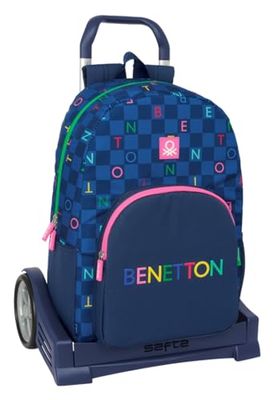 safta Benetton DAMERO Sac à dos scolaire avec chariot Evolution inclus, idéal pour enfants de différents âges, confortable et polyvalent, qualité et résistance, bleu marine, M, Décontracté