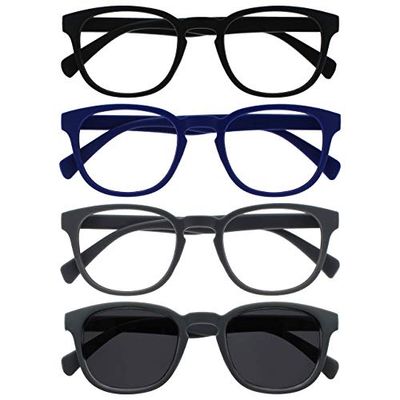 OPULIZE Pop Pack 4 Gafas De Lectura Con Lectores De Sol Retro Redondo Negro Mate Suave Azul Gris Hombres Mujeres RRRS2-1377 +1,50