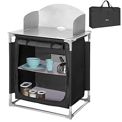 BAKAJI Cuisine de Camping, Bois d'ingénierie Aluminium, Noir, 78,5 x 55,5 x 86,5 cm / 118cm